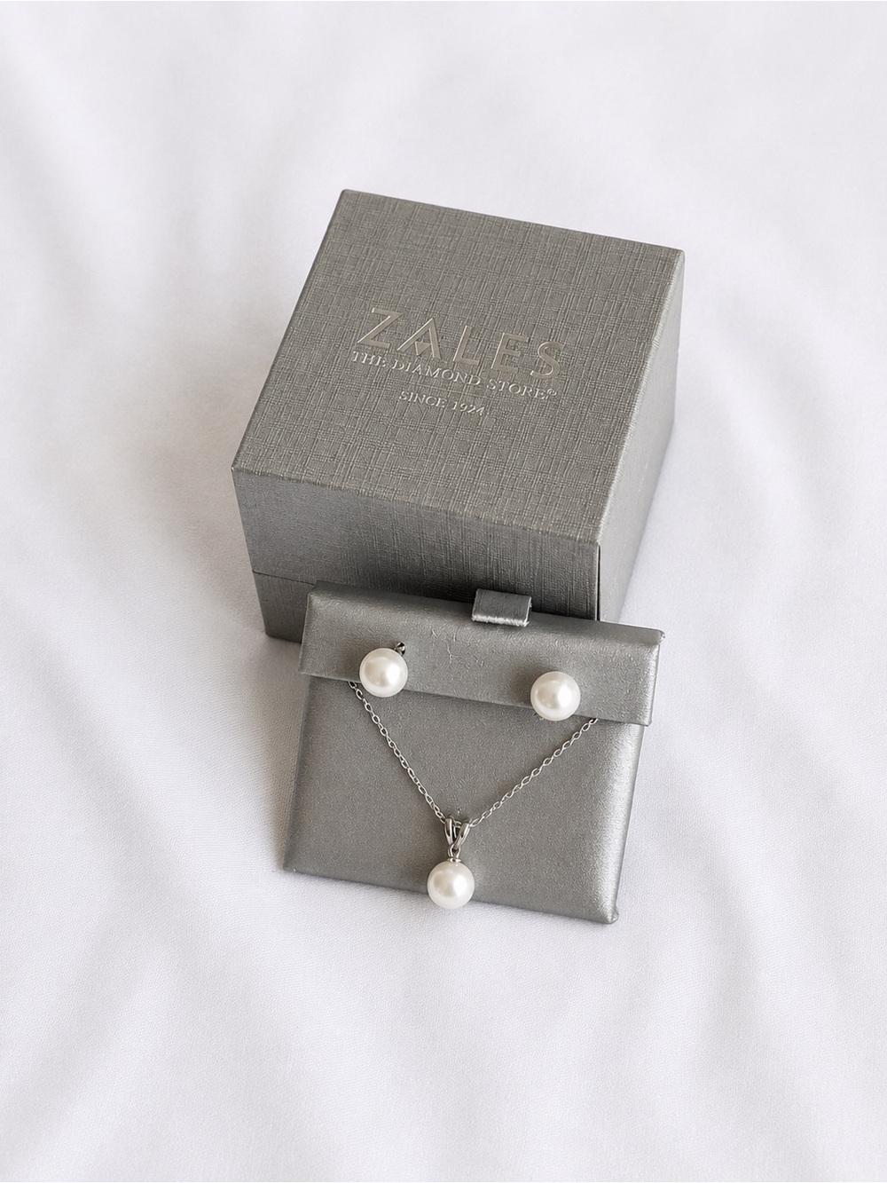 Zales White Pearl Drop Necklace and Stud Earrings Set in Silver